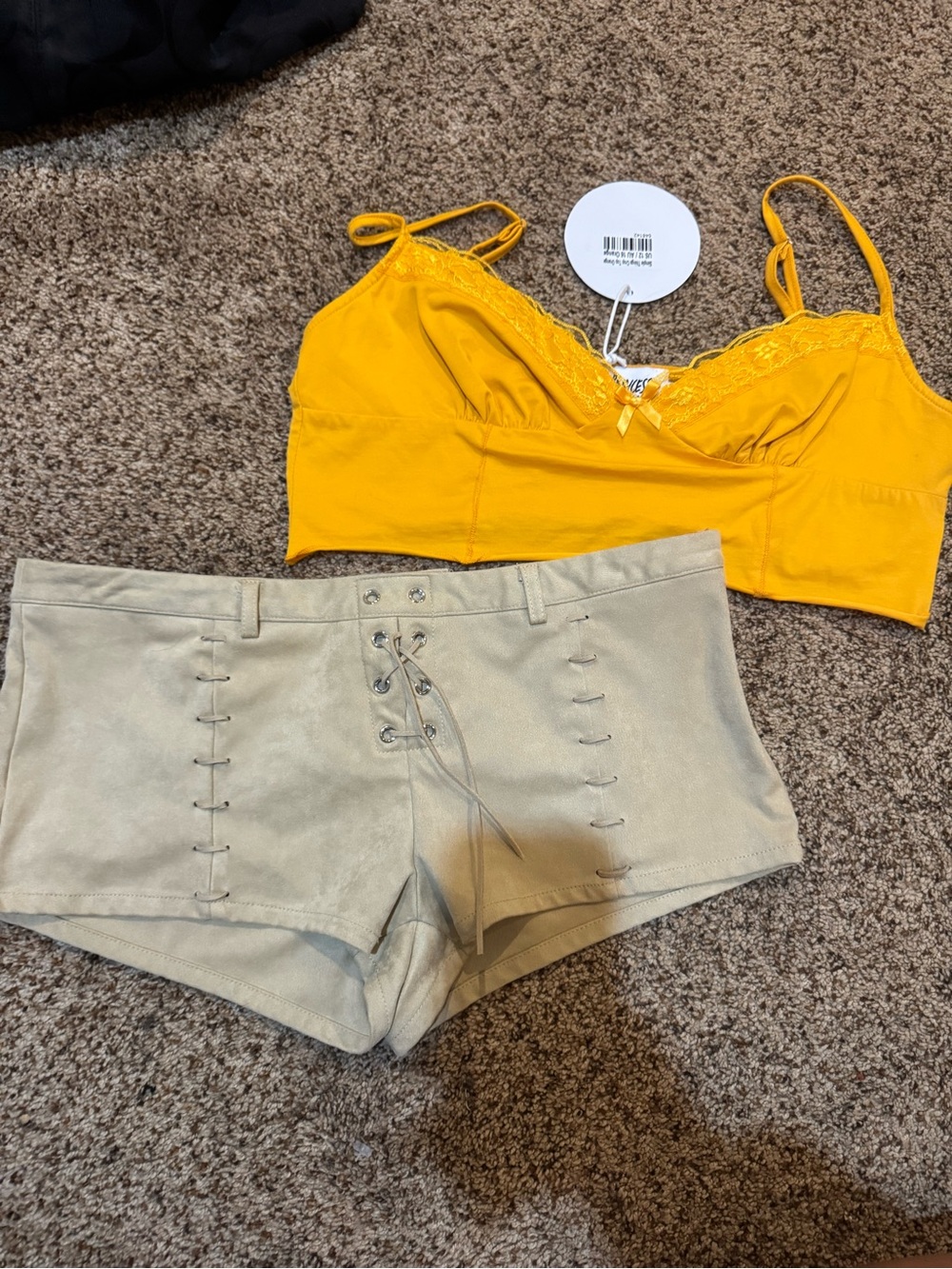 Princess Polly Yellow Lace-Trim Crop Top & Tan Lace-Up High Waist Shorts